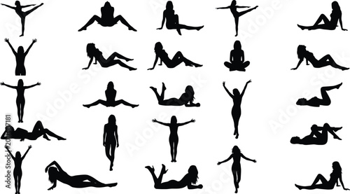 Quadro em tela Woman silhouette collection featuring fitness yoga dance and relaxing poses isol