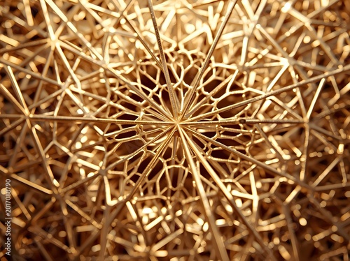 An intricate golden lattice structure creating a complex web of geometric patterns and deep golden reflections in macro detail.