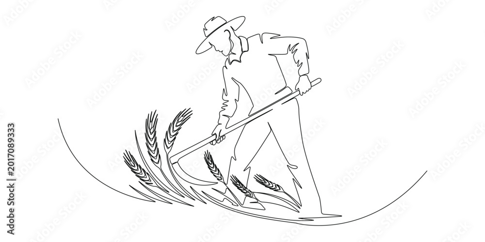 Fototapeta premium Continuous single line vector illustration of male farmer working in rural field agriculture organic food branding concept