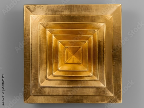 A series of nested golden square frames creating a deep pyramidal perspective with a rich brushed metallic texture throughout.