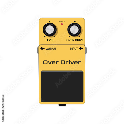 Yellow guitar overdrive effect pedal vector illustration. Flat style vintage drive stompbox for electric guitar.