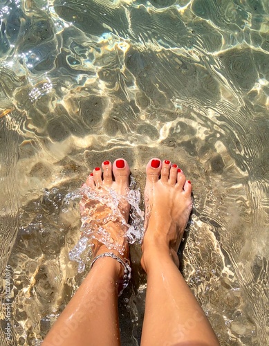 A woman's legs and feet with red toenails in clear water