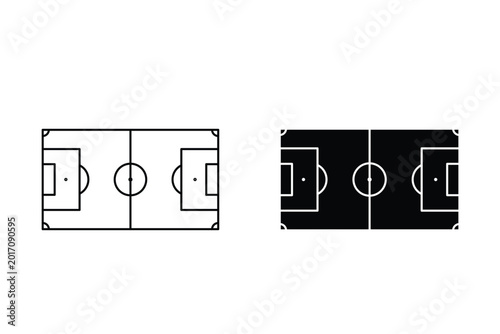 Soccer field line icon set with football pitch layout diagram for sport tactics and training. Football pitch. Black outline court and stadium on white background. Soccer pitch vector.