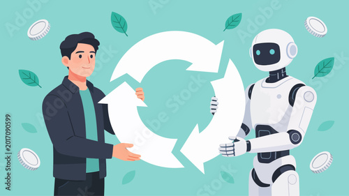 Fotografi Human and AI collaborate on a sustainable future, embracing circular economy pri