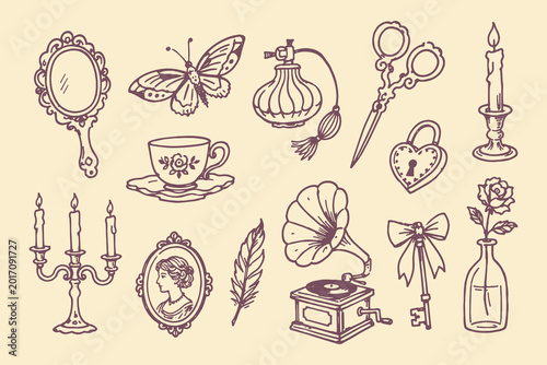 Tableau sur toile Vintage Feminine Objects Purple Ink Sketch Set Vector