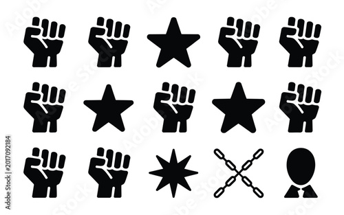 Tableau sur toile Juneteenth icons featuring fists stars broken chains on white background symboli