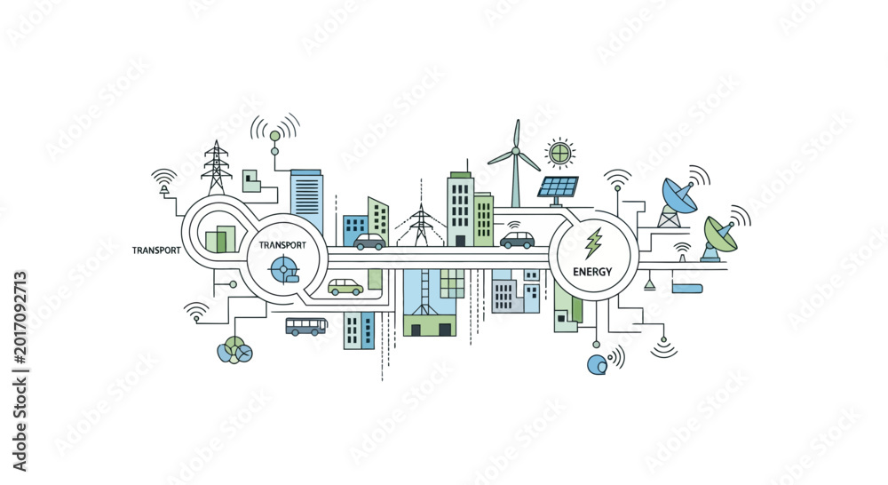 Fototapeta premium Eco friendly city, sustainable infrastructure, green technology, urban planning icons