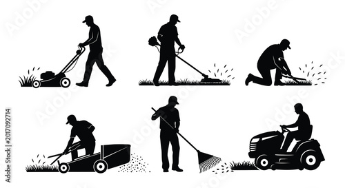 Silhouette of people using lawn mower and gardening tools