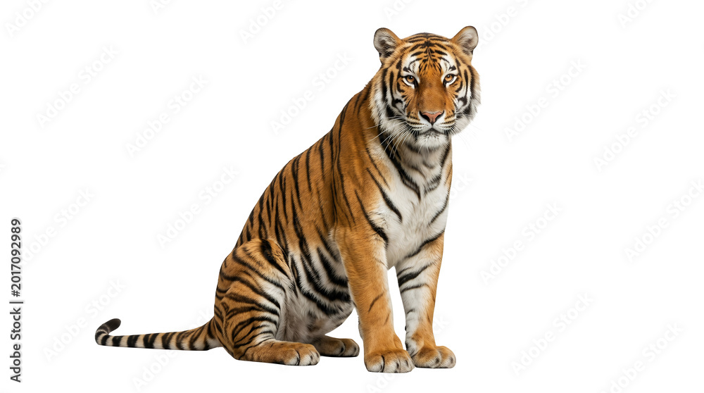 Fototapeta premium Tiger, orange and black striped animal, sitting tiger, wildlife creature, endangered species isolated on Transparent Background