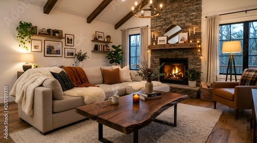 Cozy living room interior with fireplace, sofa and warm lighting