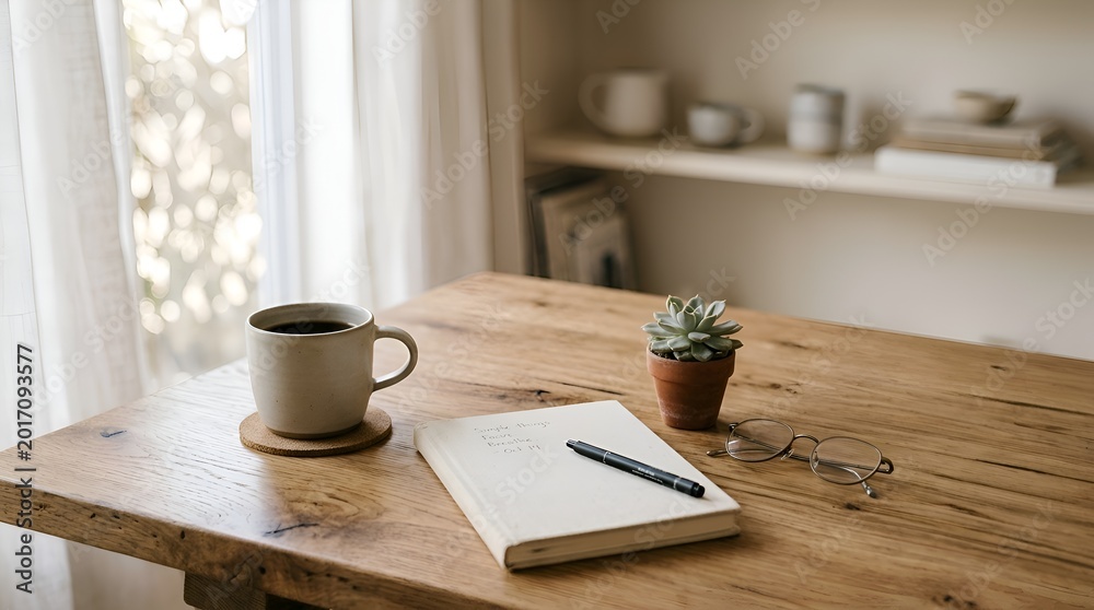 Obraz premium Cozy workspace with coffee, notebook, succulent, and glasses on wooden table