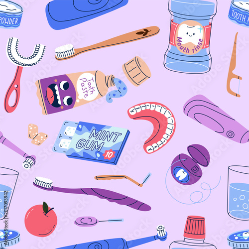 Dental care tools, seamless pattern. Oral hygiene, teeth health stuff, endles...