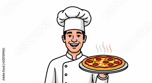 Chef holding a delicious pepperoni pizza.