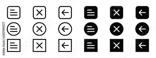 Quadro em tela UI navigation icon set with menu, close, and back arrow buttons