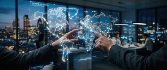Global business strategy visualized with futuristic holographic world map in a modern office