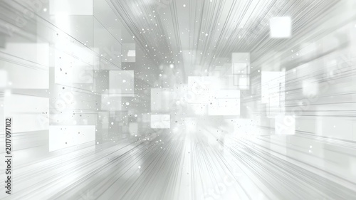 Abstract white tech background with glowing motion lines and floating squares in futuristic tunnel.