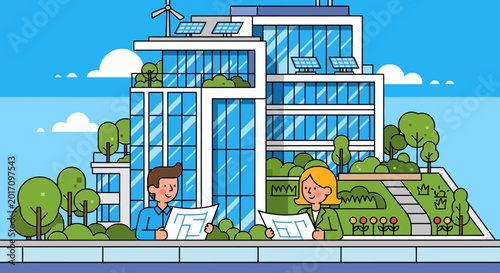 Modern Eco-Friendly Office Building with Green Features.