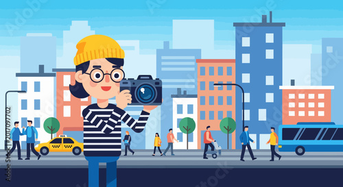 Photographer capturing city life with camera.