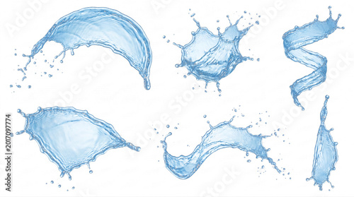 Cuadro en lienzo Dynamic set of blue water splashes and drops captured in various flowing shapes, isolated on a transparent background