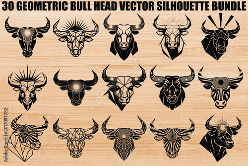 Geometric Bull Heads, Vector Silhouettes, Black Icons, 30 Piece Bundle, Animal Symbols
