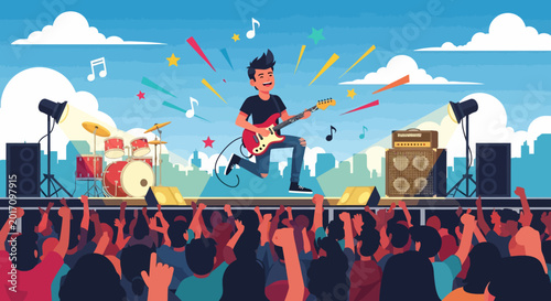 Rock concert with guitarist on stage and cheering crowd.