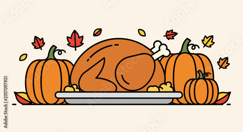 Thanksgiving feast with roasted turkey and pumpkins.