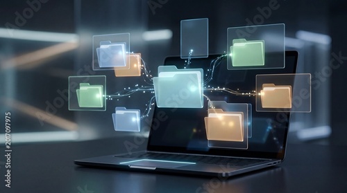 A laptop displaying digital folders linked through creative network connections.