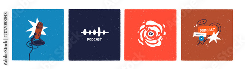 Podcast cover designs set. Live audio stream, post cards with studio micropho...