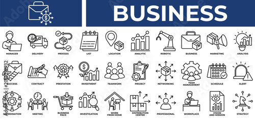 Business icon set collection. Containing operation, partnership, networking, audience, employment, performance, vision .Line vector icons collection