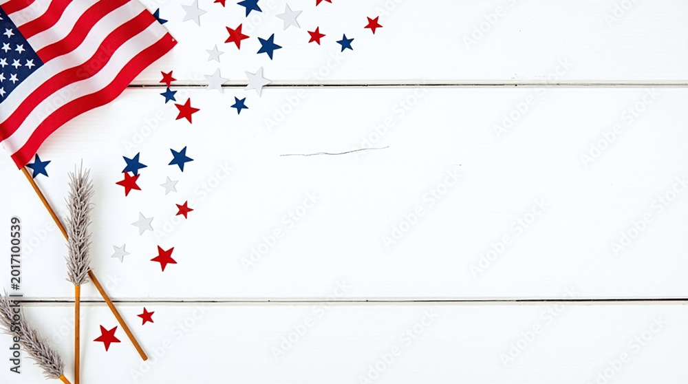 Obraz premium Patriotic American Flag and Sparklers Background on White Wood