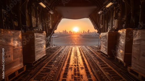 Cargo airplane interior hold during sunset with wide angle view from inside the fuselage, looking toward the open rear loading ramp silhouette. 
