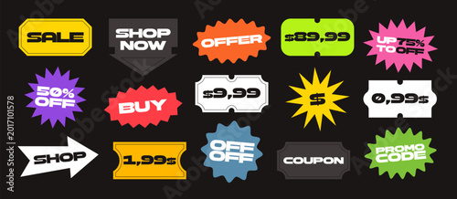 Super set of different price sticker and labels. Old price and sale stickers collection. Price tag mockup for shopping and business. Vector illustration 