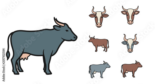 Cartoon cows and buffalo set illustrating livestock and farm animals