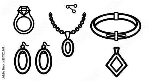 Jewelry collection ring necklace bracelet earrings and pendants illustration
