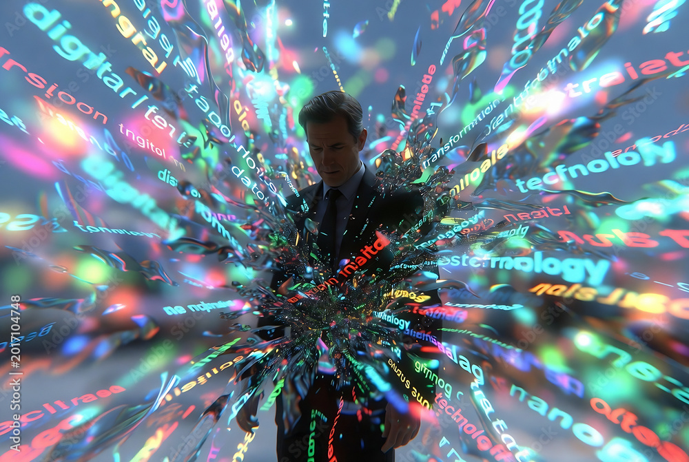 A man stands surrounded by a digital explosion of technology-related words and phrases. He appears to be immersed in the concept of technological transformation.