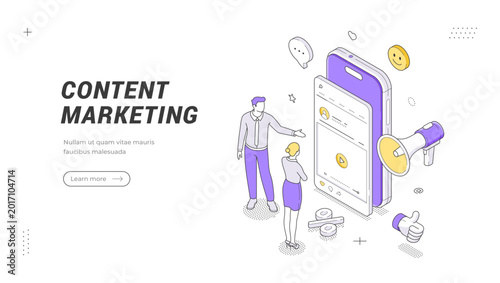 Digital marketing strategy and seo optimization isometric banner template. Creative content creation and promotion service vector illustration. Teamwork and copywriting concept for website design