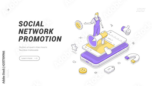 Isometric banner template for social media marketing. Vector illustration of a smartphone showing user engagement, likes, and comments for a creative web concept or digital promotion