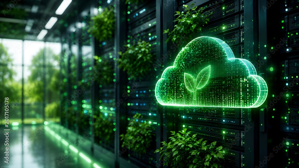 Obraz premium Glowing green cloud computing symbol with a leaf inside on a modern server rack integrated with lush plants for environmental sustainability