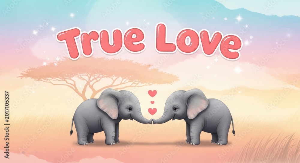 Fototapeta premium Two adorable cartoon elephants touching trunks forming heart shape with cute text above in savannah landscape scene.