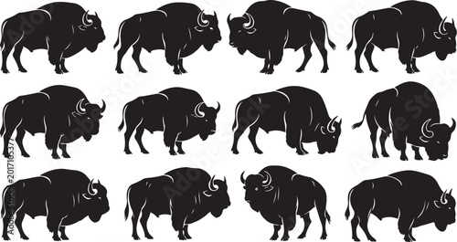 Black Silhouettes of Bison in Various Positions