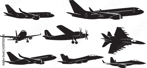 Silhouettes of various airplanes and jets flying high