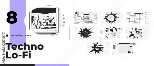 Lo fi Y2K nostalgic aesthetic line illustration pack. CRT computer aquarium. Retro virtual pet. 2000s desktop. Flip phone. Black and white LoFi wallpapers. Flat vector outline cartoon art collection
