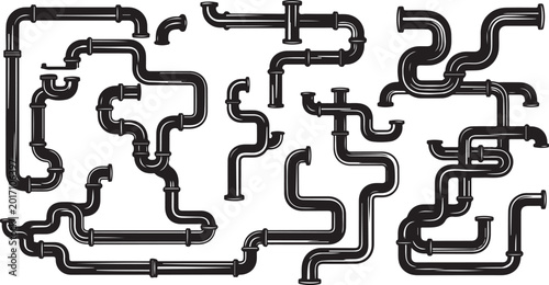 Complex black pipe system on white background illustration