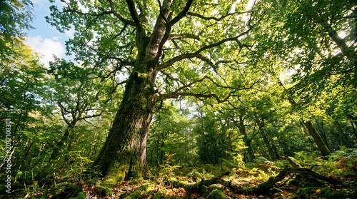 Ancient oak tree in lush forest canopy