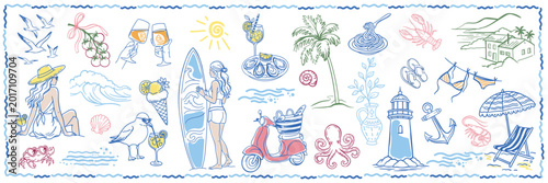 European Summer lifestyle doodle collection. Hand-drawn Mediterranean aesthetic set featuring coastal travel icons, beach girl, seafood, Italian pasta, and wine in a blue wavy postage frame. Trendy