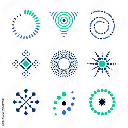 Set of Color Circle Triangle Star and Spiral Design Elements. Abstract Icons.