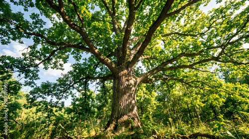 Majestic oak tree canopy in summer forest