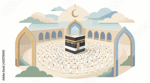Pilgrims in pristine white robes converge at a hallowed site, performing sacred rites of worship, symbolizing profound faith and communal devotion