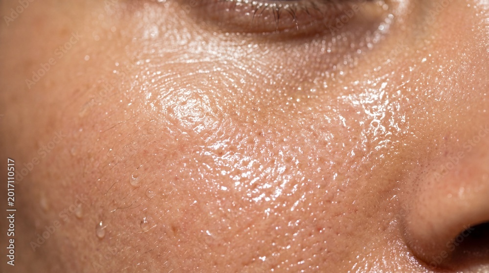 Fototapeta premium Extreme close up glass skin smooth texture hydrated glowing healthy complexion natural shine dewy finish clear pores radiant youthful skincare moisture