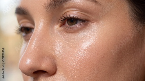 Extreme close up glass skin smooth texture glowing complexion healthy female face natural beauty hydrated clear pores radiant youthful soft light skincare serene expression